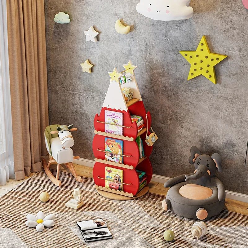 Christmas tree rotating bookshelf solid wood children's picture book rack student storage baby bookcase shelf reading rack