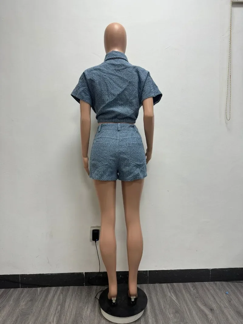 Conjunto de 2 piezas de mezclilla a la moda para mujer, chaquetas de manga corta con cuello vuelto, Tops cortos y pantalones cortos, trajes vaqueros