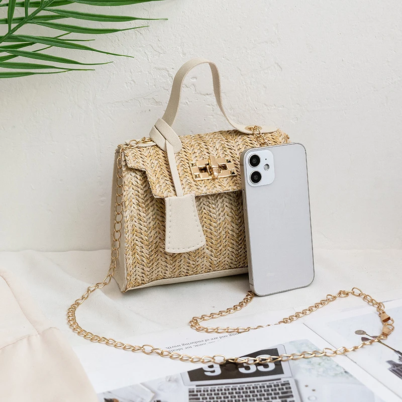 New Straw Woven Shoulder Crossbody Bag Beach Clutch Handbag Casual Summer Handmade Chain Bags for Women Totes Purse