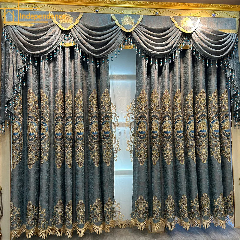 

Custom Embroidered Screen Blue Gray Chenille Thickened Curtains for Living Room Bedroom French Window Villa Balcony Valance