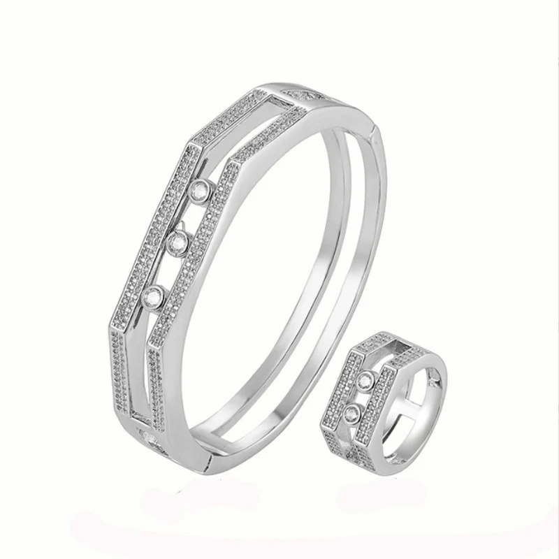 

Bobokiki Jewelry Fashion Double-Row Sliding Titanium Micro-Inlaid AAA Zircon Creative Bracelet Ring Set