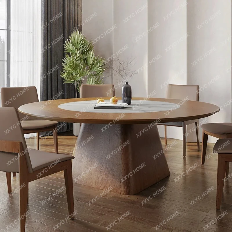 L1.8 meters large round dining table 12 people household solid wood walnut color ribbon embedded turntable round table