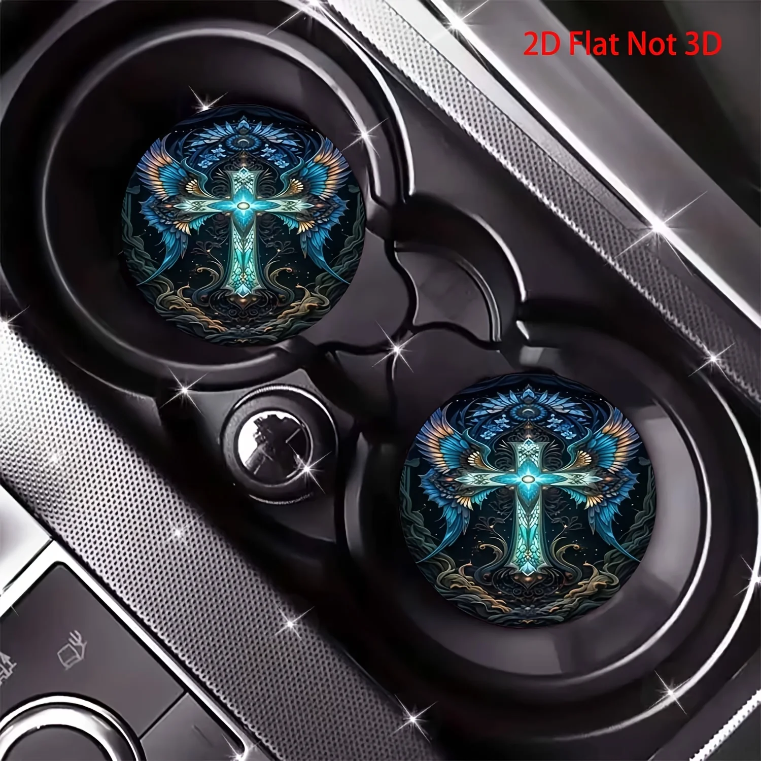 2pcs Fantasy-Style Cross With Blue Wings Car Coasters, Easy To Clean Coasters, Women'S Car Interior Decoration Additions, Gifts