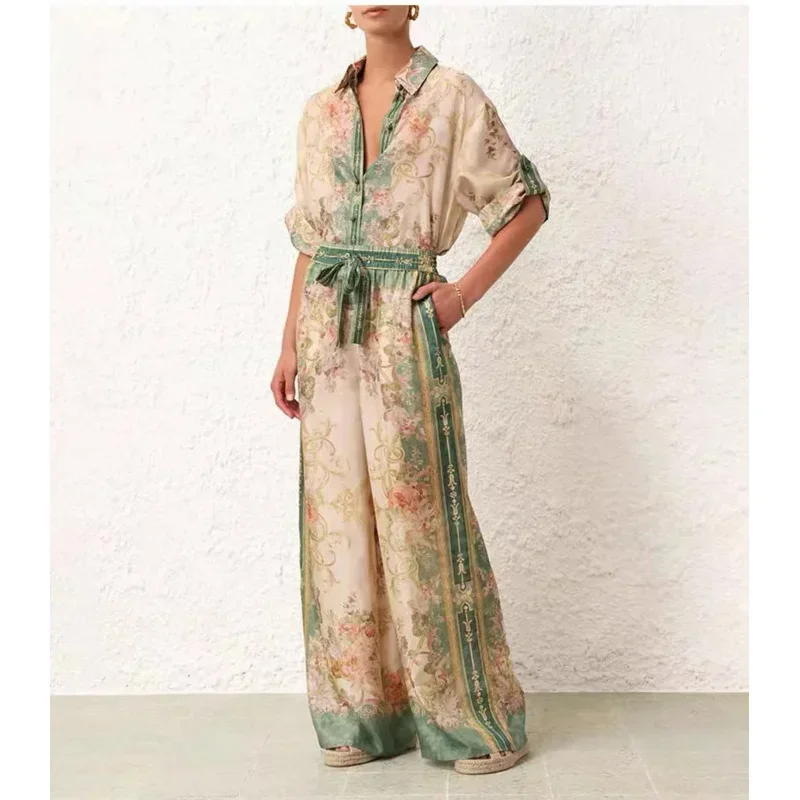 Real Shot Spot Spring and Summer New Holiday Style Green Retro Printed Shirt Women's Two-Piece Trousers Suit Women Clothing