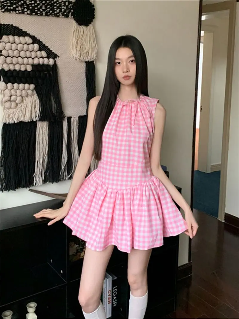 Plaid Dresses Women Sweet Sleeveless Bandage Summer Fashion New Elegant Mini Dress Casual Dress