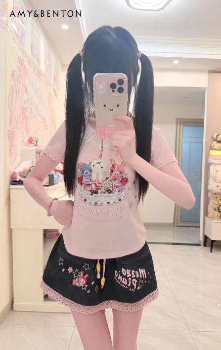 

Летняя синяя джинсовая юбка в японском стиле с мягкой звездой для девочек и мультяшной вышивкой для женщин, милая короткая юбка с кружевной отделкой