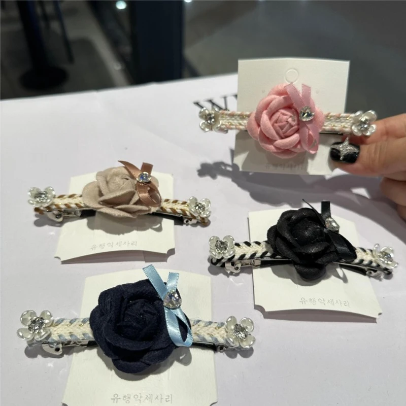 

Korean Camellia Flower Hair Clips Rhinestones Pearl Elegant Fashion Ponytail Barrette Hairpins Accessories for Women