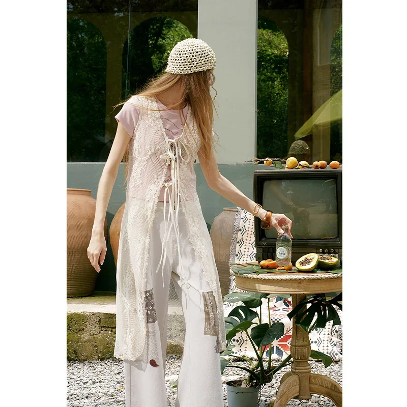 ELFSACK  Sheer Floral Lace Long Vest, V Neck Front Tie Sleeveless Long Outerwear, Scalloped Hem Layering