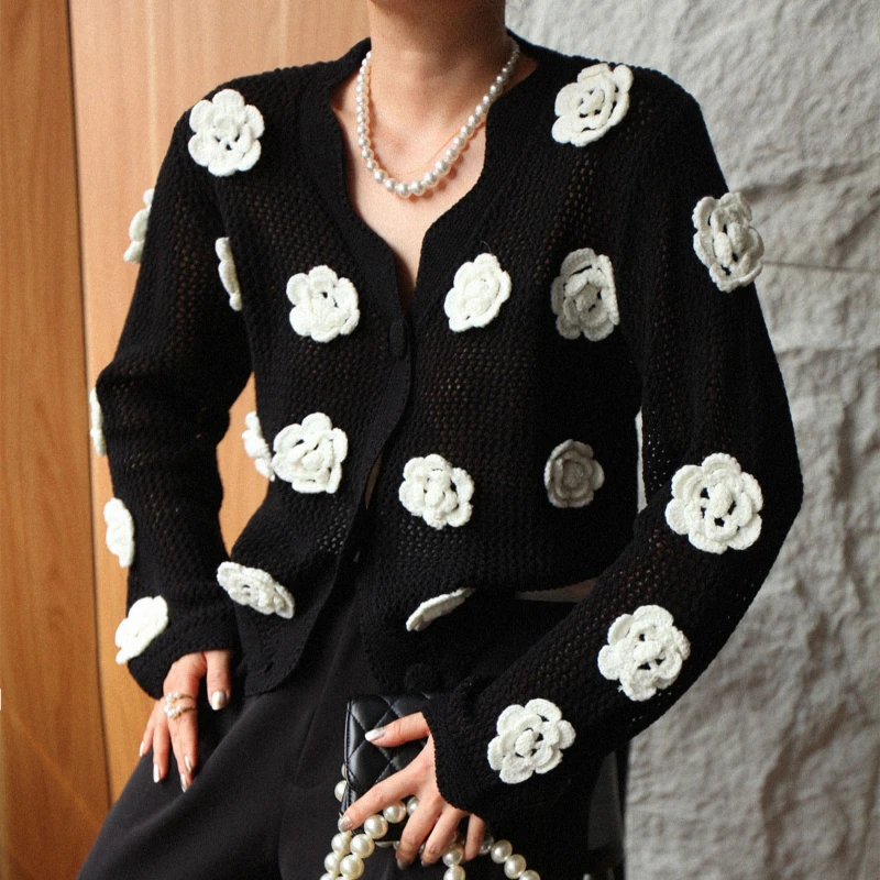 

Women Crochet Knit Cardigan Button Down Sweater Long Sleeve Hollow Out 3D Floral Applique Knit Top Spring Fall Fashion
