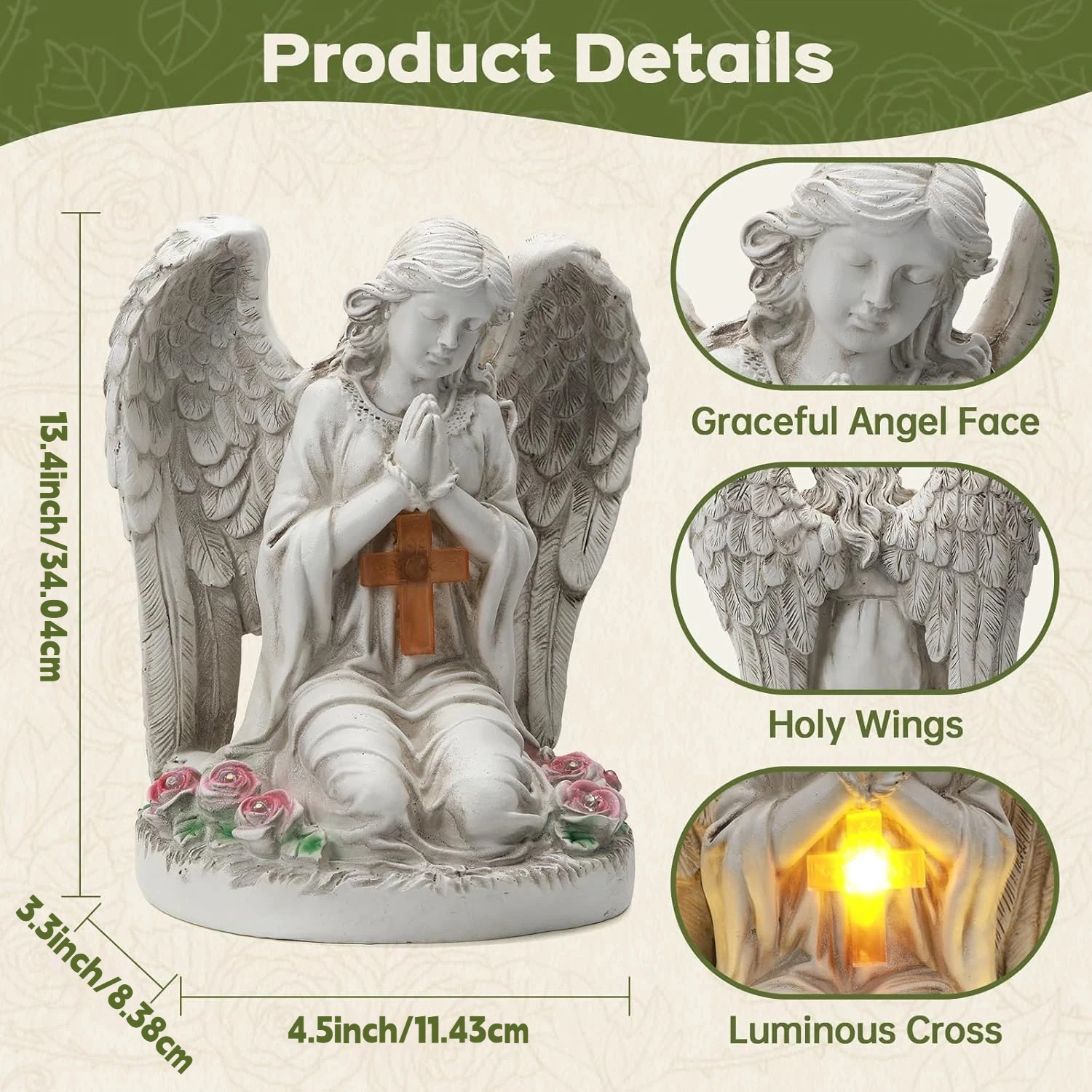 Outdoor Garden Solar Statue Light, Solar Angel Garden Statue Cemetery Decorations, Garden Resin Prayer Angel with Cross Statue Light, for Lawn Yard Patio Pathway Home Decor 3