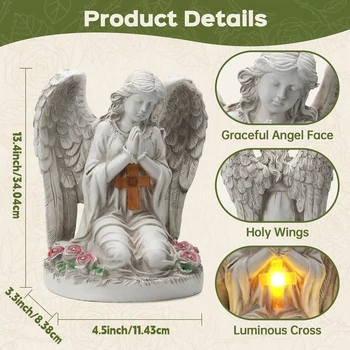 Outdoor Garden Solar Statue Light, Solar Angel Garden Statue Cemetery Decorations, Garden Resin Prayer Angel with Cross Statue Light, for Lawn Yard Patio Pathway Home Decor 3