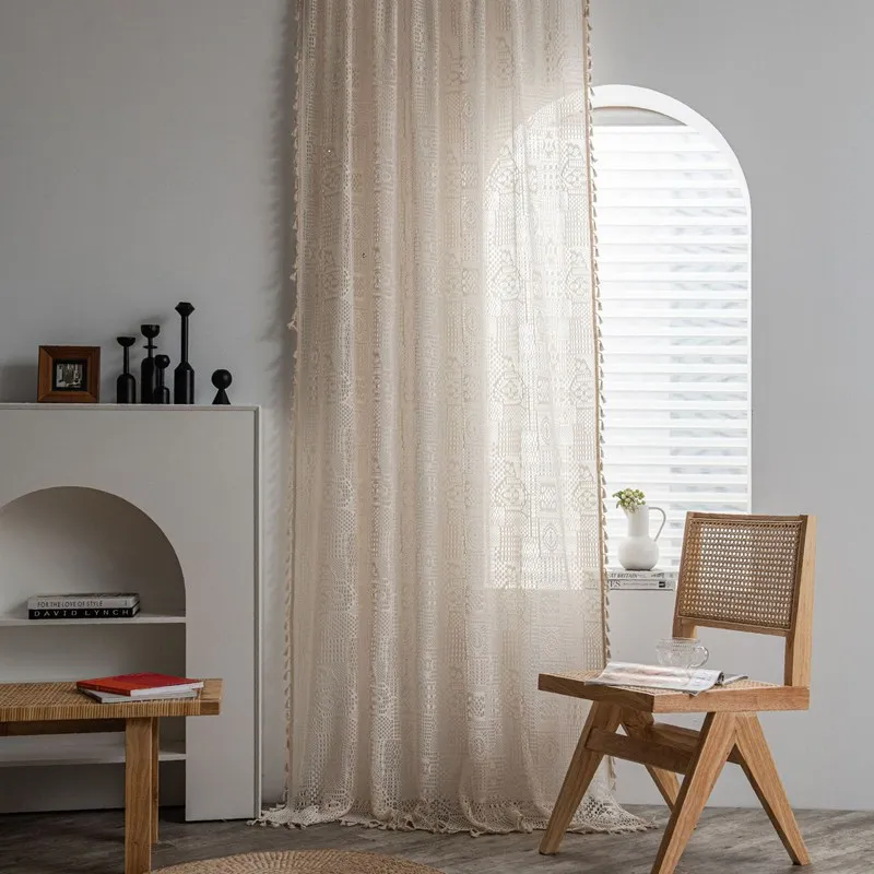 Checkered Geometric Crochet Curtains With Light Transmission American Style Hollow-out Living Room Balcony Bedroom Window Art