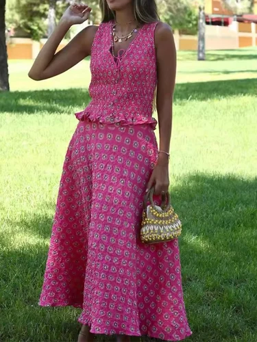 Imagen 2 del producto Faldas por debajo de la rodilla de cintura alta con estampado Vintage, conjuntos de 2 piezas para mujer, novedad de 2025, Top corto atado con cuello en V, trajes de vacaciones de verano para mujer