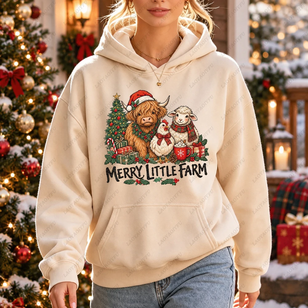 Merry Little Farm Highland Cow Sheep Chicken Tree Gifts Cocoa Print Women Hoodie Xmas Holiday Winter Farmhouse Animals Hoodies