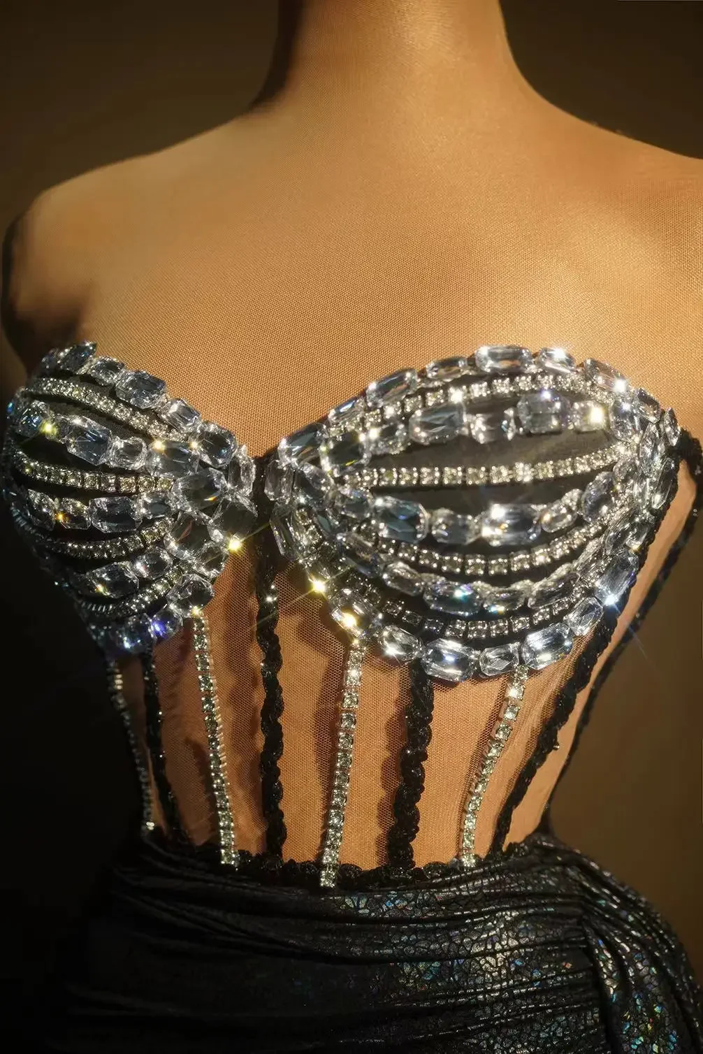 Brilhando diamantes preto sem alças tops e bainha saia, terno de duas peças, festa à noite comemorar, traje de desempenho boate, tops sexy