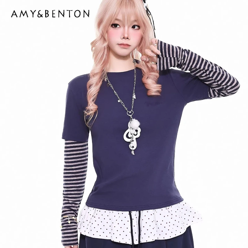 

2026 Spring Autumn New Striped Splicing Fake Two-Piece Women's T-Shirt Original Design Casual Versatile Long Sleeve Top Ladies