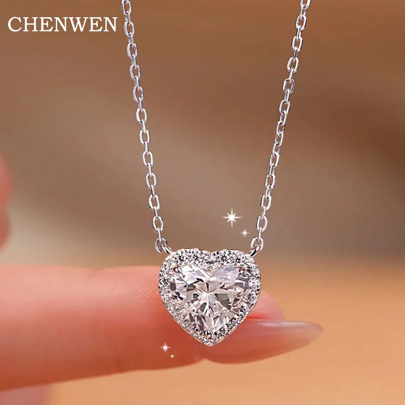 CHENWEN Sterling Silver Platinum 1-2CT Moissanite Necklace Women's Classic Heart pendant Wedding Jewelry 925 sterling Silver GRA