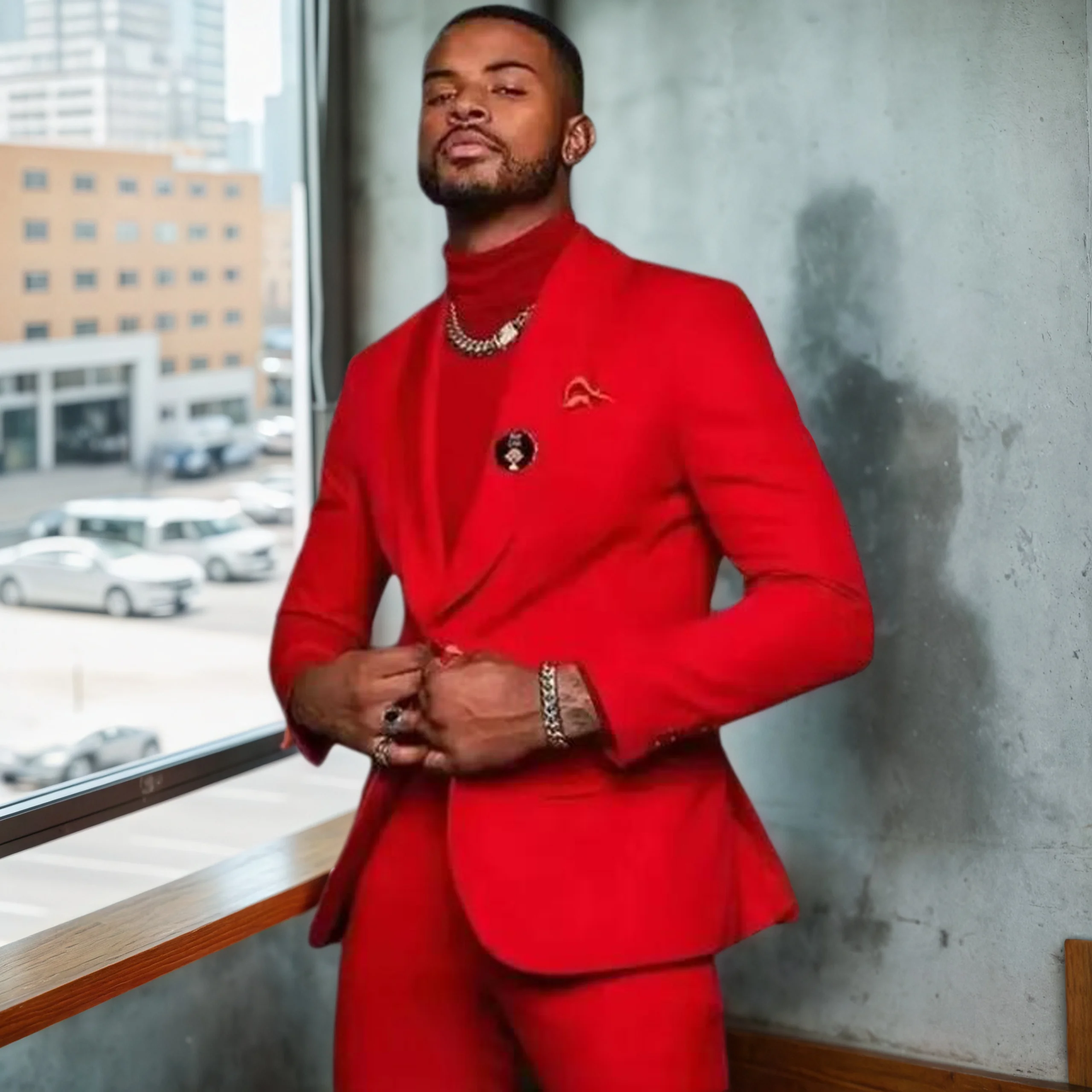 

2025 Новые красные мужские костюмы, однобортный, с шалью и лацканами, приталенная мужская одежда, высокое качество, свадебный классический комплект из 2 предметов, куртка и брюки