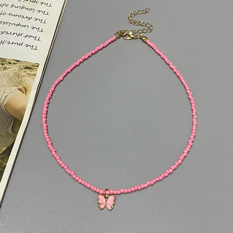 Korean Fashion Small Butterfly Pendnat Necklace for Women Girl Colorful Seed Beads Choker Necklace for Spring Summer Neck Jewelr