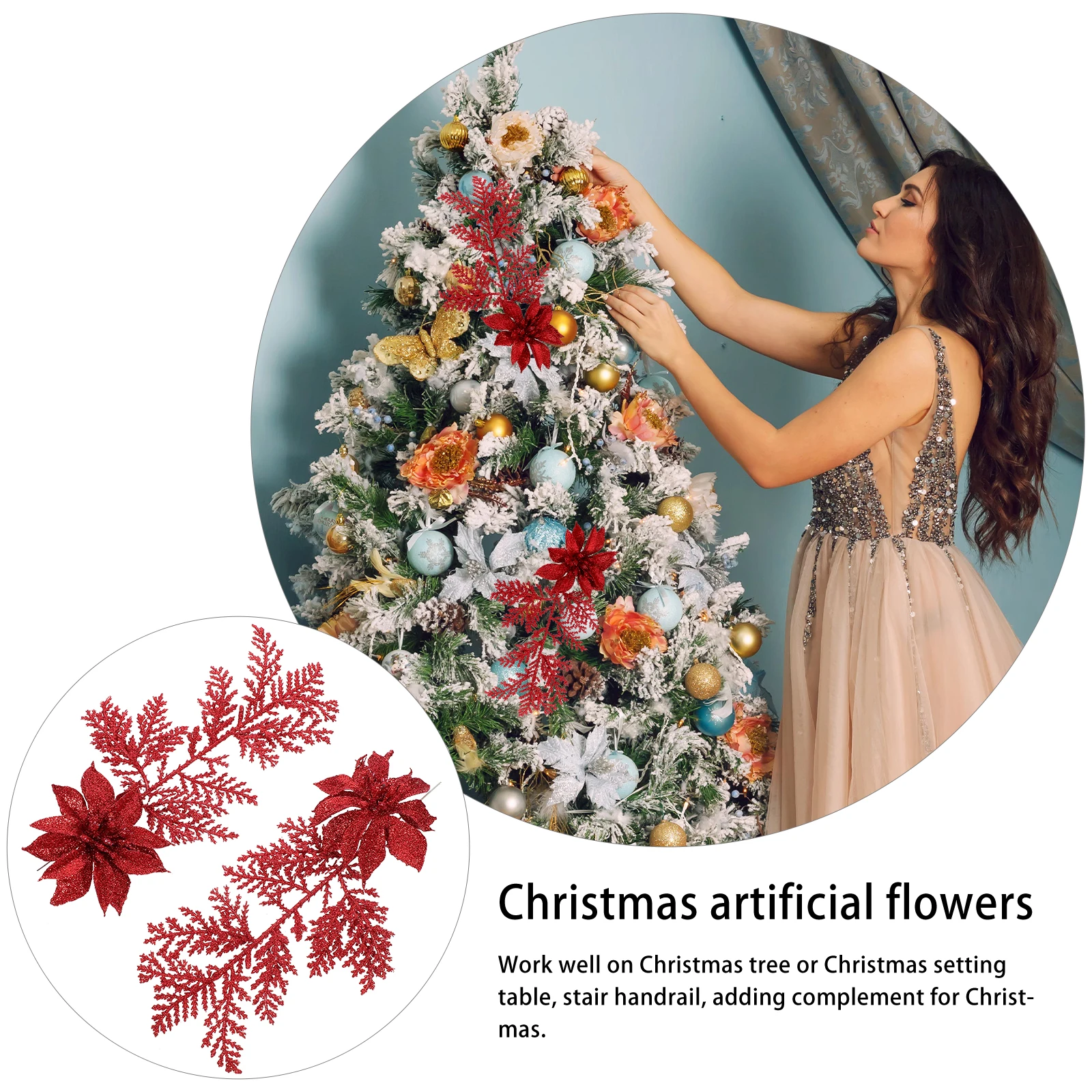 

6 Pcs Artificial Pine Branches Christmas Flower Pendant Holiday Stems Picks and Sprays Accessories Glitter