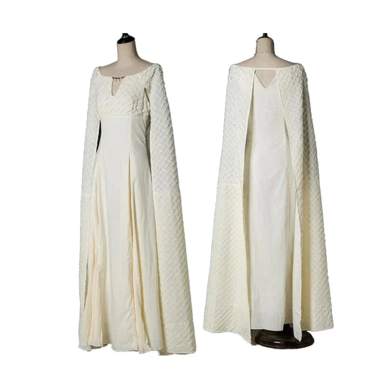 

Movie Daenerys Cosplay Costumes Halloween Queen Outfits with Cape Long White Dress Vintage Medieval Princess Dress Up Costumes