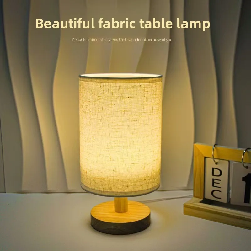 LED Bedside Table Lamp, Nordic Creative Dimmable USB Plug‑in Desk Lamp Solid Wood Base Fabric Lampshade Bedroom Decor NightLight