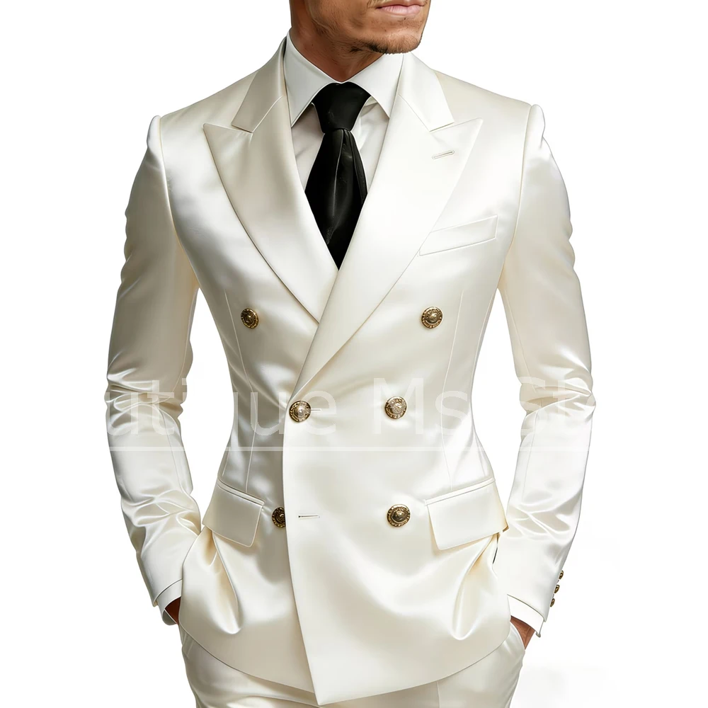 Men Satin Double Breasted Suit 2 Piece Slim Fit Blazer with Gold Buttons and Pants Wedding Groom Prom Formal Luxury Party Tuxedo
