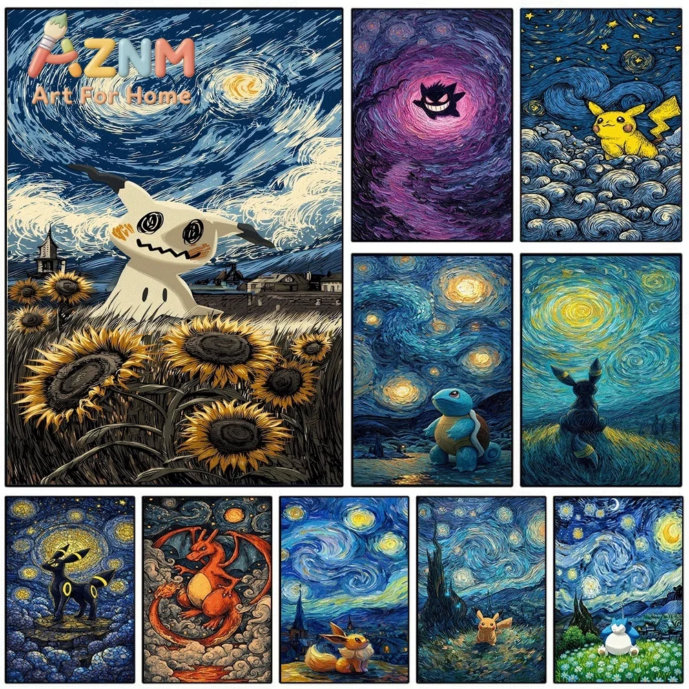 Pokemon Anime Canvas Wall Art No Frame Starry Night Van Gogh Style Mimikyu Pikachu Gengar Print Poster for Bedroom Living Room