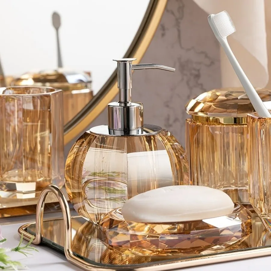 Crystal Glass Bathroom Accessories Set Bath Accessory Soap Lotion Dispenser Toothbrush Holder Tumbler Soap Dish with Tray