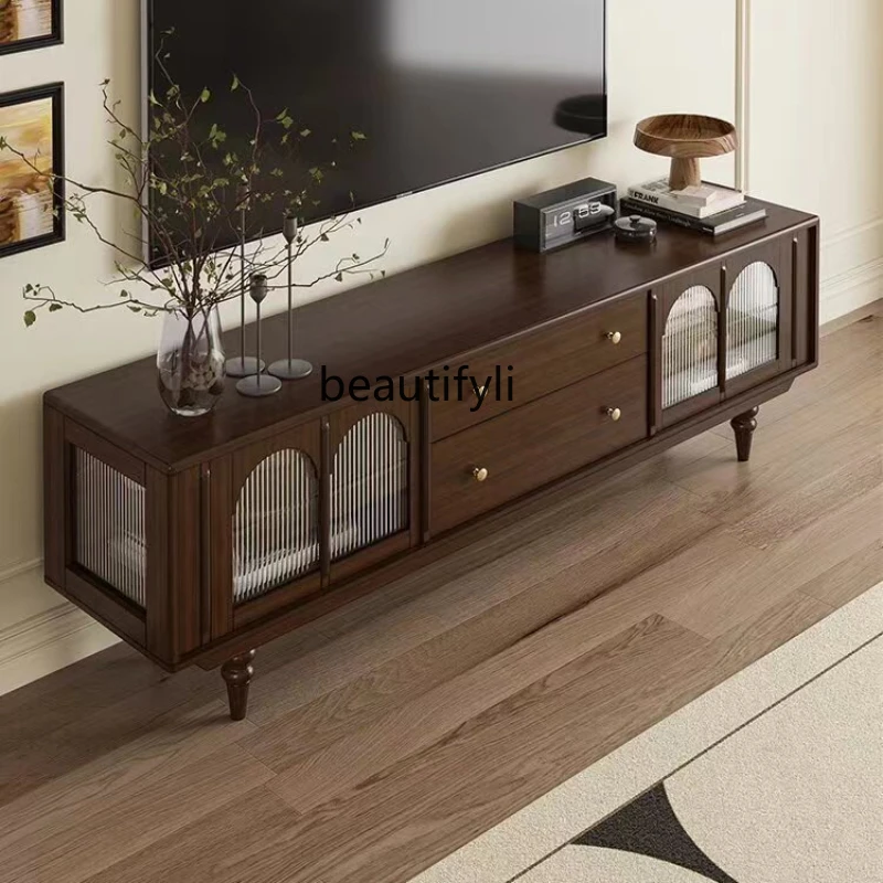 

American Retro TV Cabinet and Tea Table Combination French Simplicity Living Room Locker Oak Solid Wood Furniture