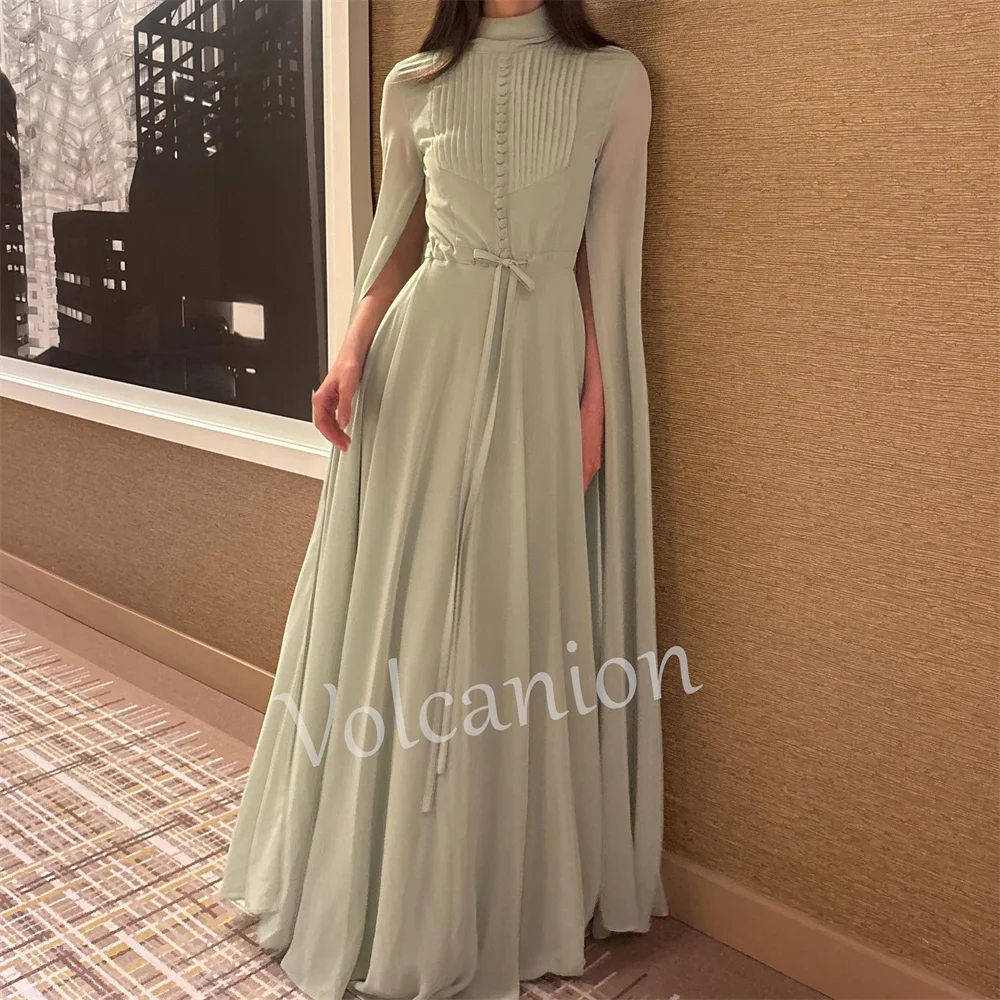 Customized Pastrol Chiffon Pleat Button A-line High Collar Long Bespoke Occasion Prom Dresses High Quality