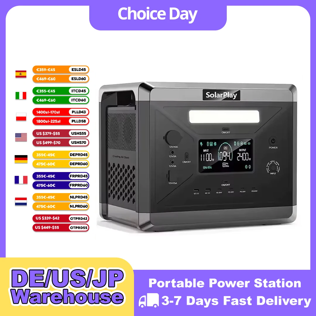 SOLARPLAY 2400 W (4800 W Spitze) tragbares Kraftwerk LiFePo4-Batterien 220 V AC-Steckdosen Leistung 2160 Wh Solargenerator Wohnmobil Wohnmobil