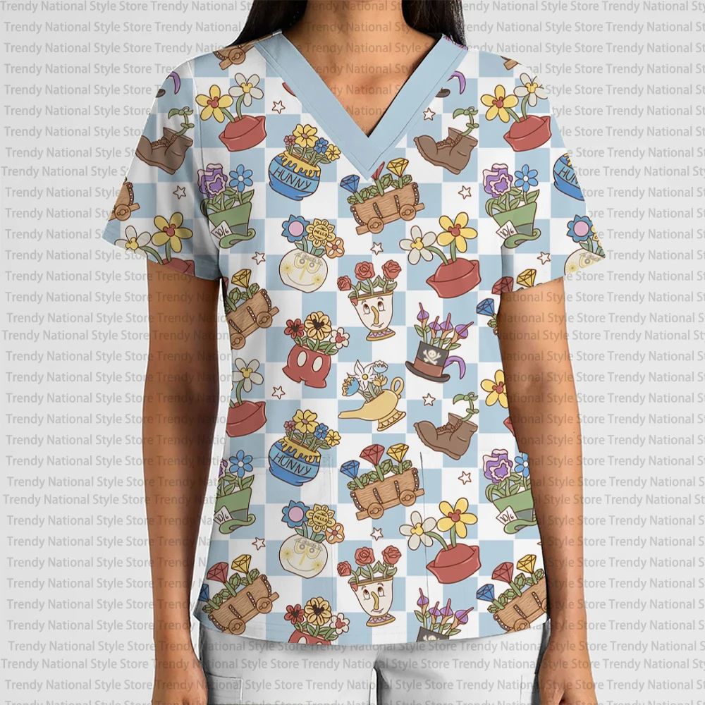 New Disney Cartoon Work Print V-Neck Pocket Short Sleeve Sand Top Dental Pet Shop Beauty Salon Nurse Medical Clothing T-shirt