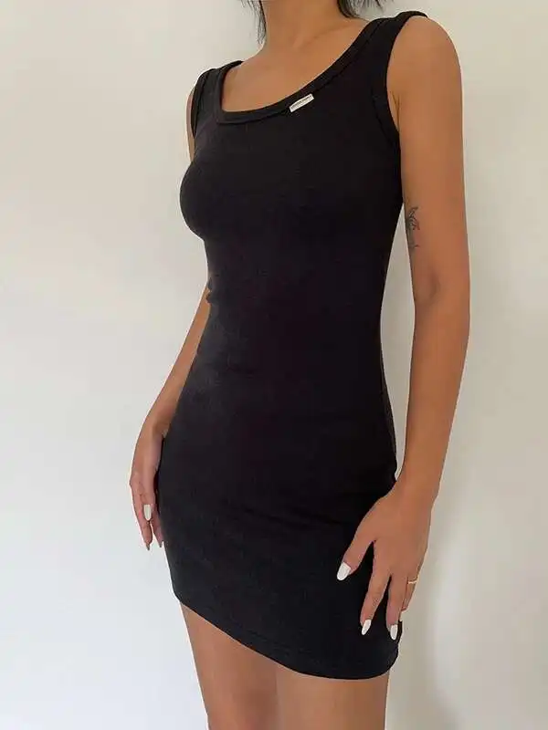 WOMENGAGA حار بنات الأساسية عالية الخصر سليم U الرقبة سليم الورك فستان قصير بدون أكمام المرأة قصيرة سليم تانك القمم فستان بحزام O22G