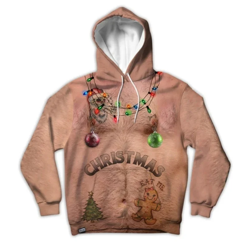 الصدر العضلات نمط هوديي للرجال النساء القبيح عيد الميلاد ثلاثية الأبعاد المطبوعة البلوفرات عادية هوديس بلايز فضفاضة طويلة الأكمام البلوز