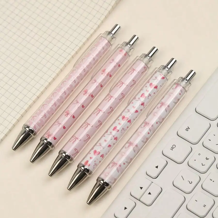 5 Pieces Pink Theme Ballpoint Pen with Retractable Function - Cute Cartoon Design with Loop Pattern Colorful Gift Idea Suitable