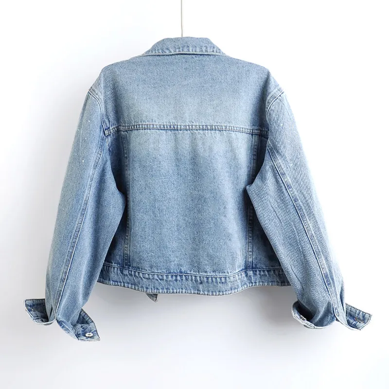 Heavy Work Rhinestone Butterfly Light Blue Short Denim Jacket Women Autumn Lapel Single-Breasted Long Sleeve Jeans Jacket Coat
