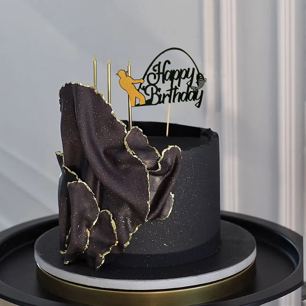 الصيد عيد ميلاد سعيد كعكة توبر الرياضة لهم حفلة استحمام الطفل الذهب الأسود الصياد الأسماك قطاعات الكيك ديكور لوازم الخبز