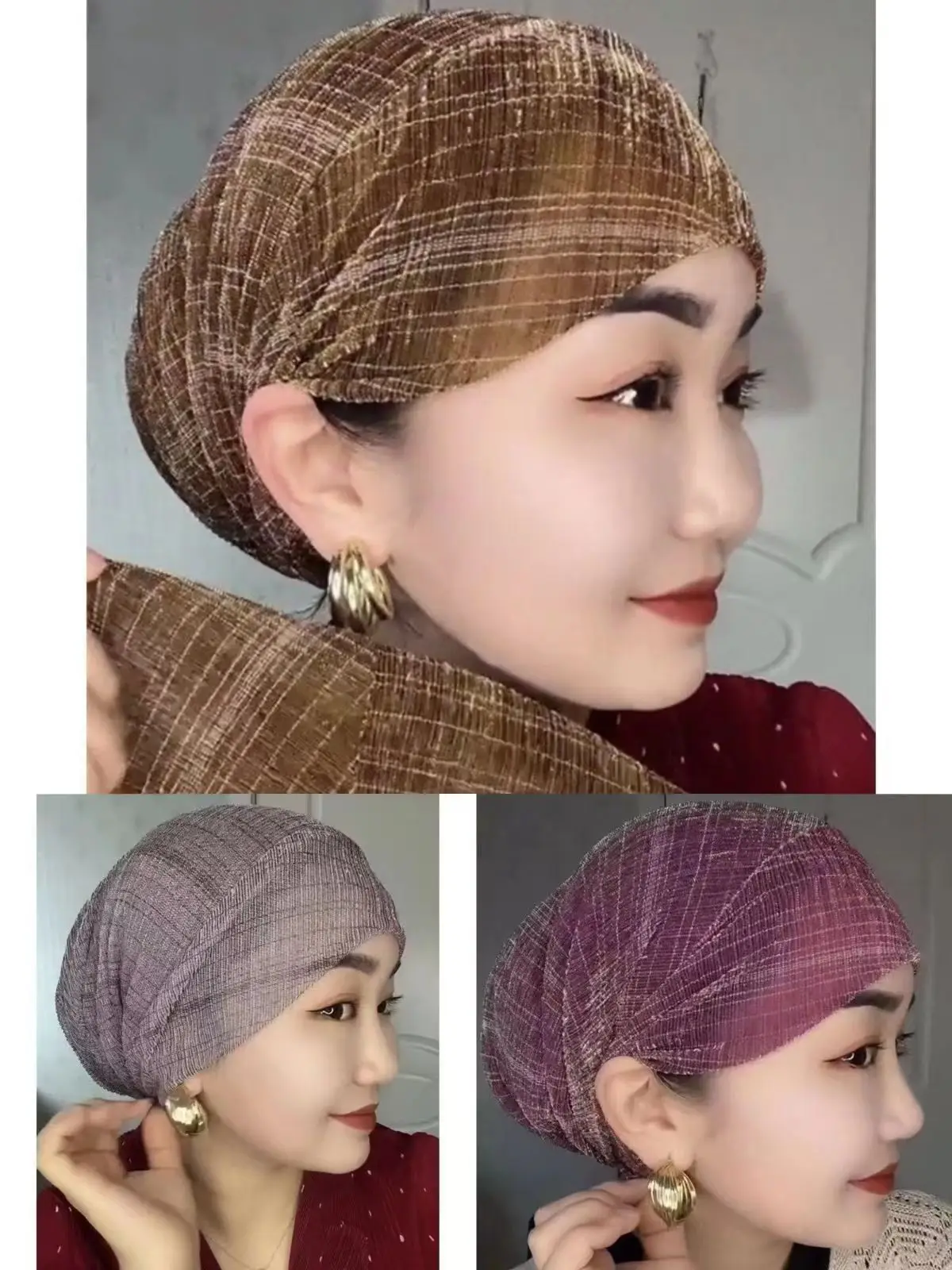 Hot Wholesale 3pcs Hijabs Hats Muslim Women Soft Shiner Fabric Classic Ethnic Cap Home Party Outdoor African Beauty Hat Girl's