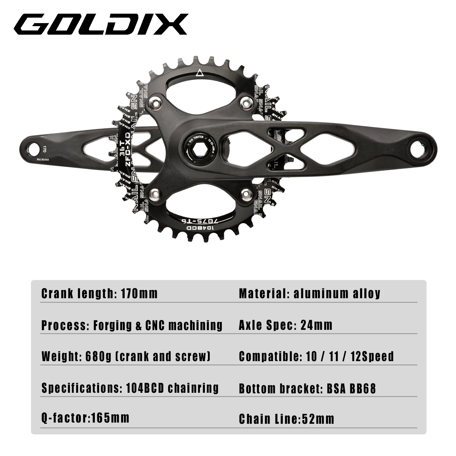 GOLDIX High-strength Bicycle Crankset forged aluminum alloy crank 104BCD Narrow-wide chainring 170mm length For mountain bikes