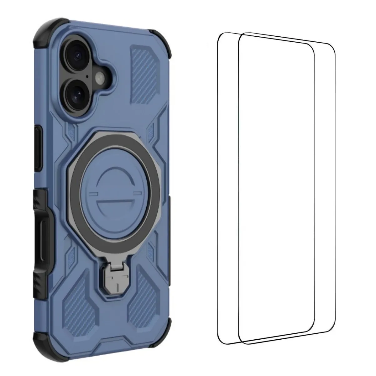 

Чехол-подставка для iPhone 16, 2 шт. пленки для экрана WANLONFENG KJ Series, чехол для телефона из ПК, ТПУ (большое отверстие для объектива) - синий