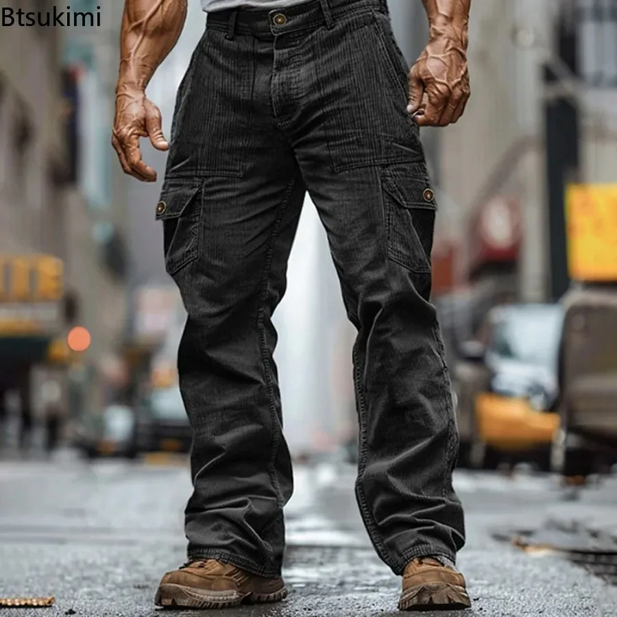 2026 Streetwear Fashion Men's Cargo Pants Autumn Outdoor Casual Solid Ribbed Corduroy Trousers Male Vintage Loose Straight Pants view 3
