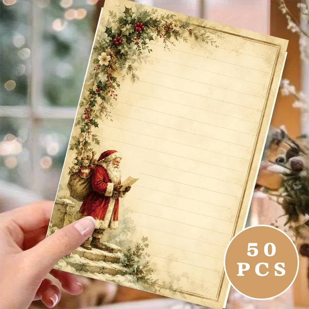 50 Sheets,  Vintage Santa Claus Themed Writing Paper, Lined, No Glue Needed, Perfect for Notebooks, Memos, and Stickers