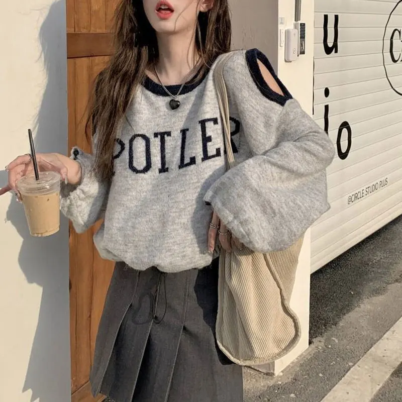 American Off Shoulder Letter Sweatshirts Women\'s Clothing Casual Long Sleeve Spring Autumn O-Neck Stylish Drawstring Pullovers