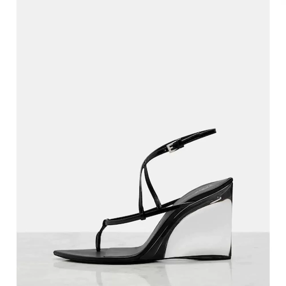 Sandalias de Tacón de Cuña Transparente de Charol para Mujer con Tira al Tobillo y Punta Fina, Calzado Elegante para Eventos y Citas, Todas las Estaciones