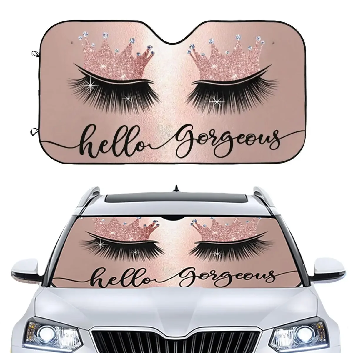 Pink Crown Eyelash Front Window Sun Shades, Folding Block UV Rays Sun Visor Protector, Sun Shield Cute Auto Accessories