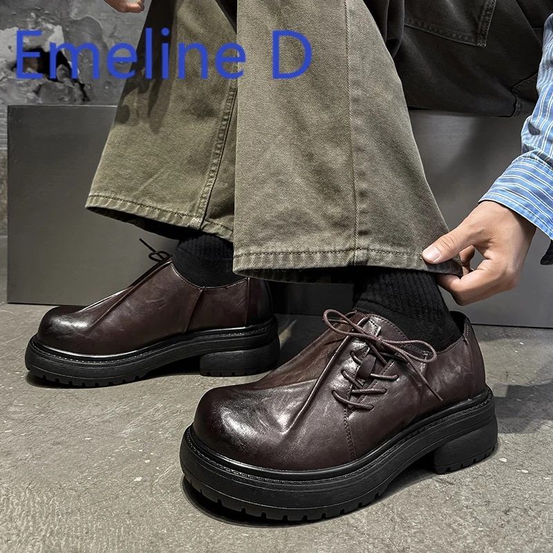 

Derby Shoes Black Inner Raised Thick Soled Leather Shoes Commuting Men's and Women's Trendy Shoes British Style Casual Shoes