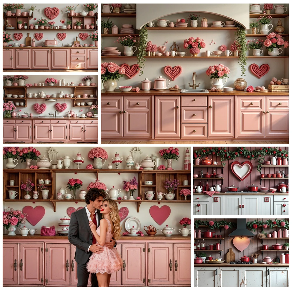 

MOON.QG Valentine's Day Kitchen Photo Background Kitchenware Cabinetry Backdrops Photography Love Decoration Poster Wallpaper