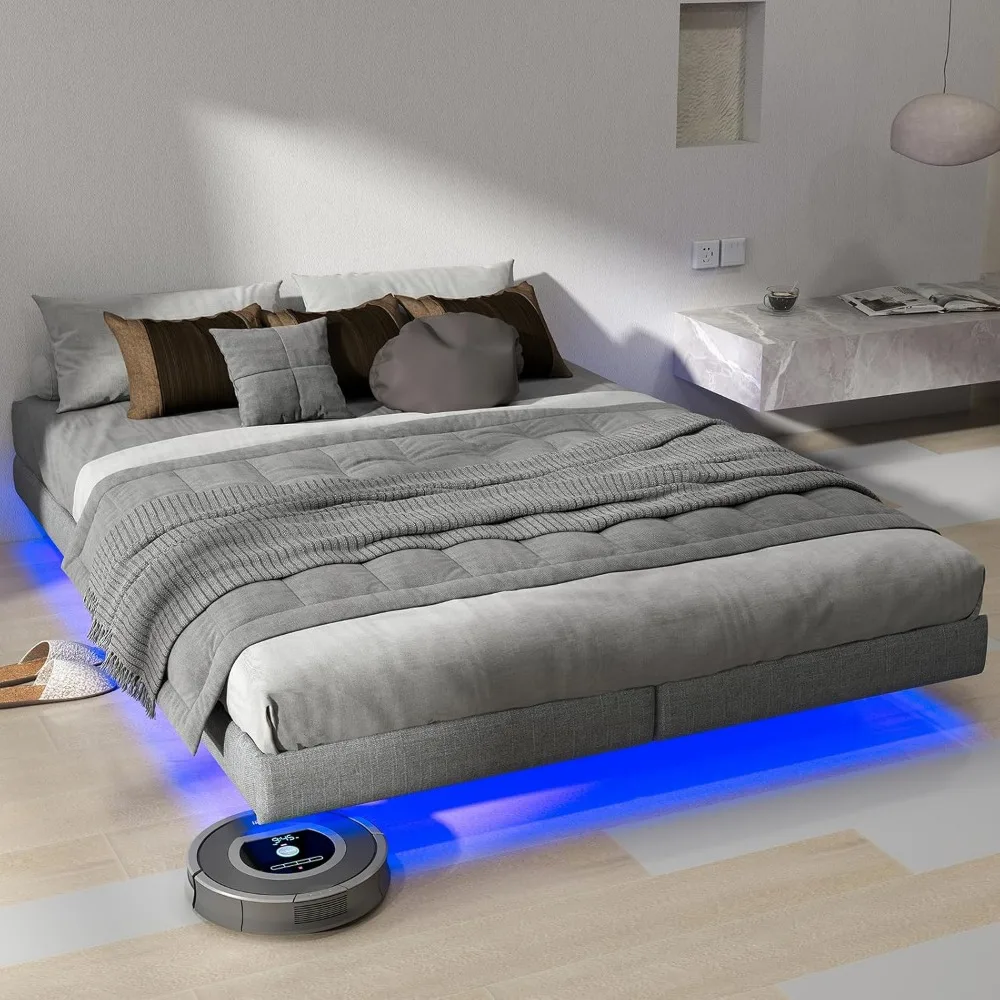 

10.6" High Queen Floating Bed Frame Queen Size with LED Lights, Heavy Duty Metal Slats Support, No Box Spring Needed/Noise-Free/