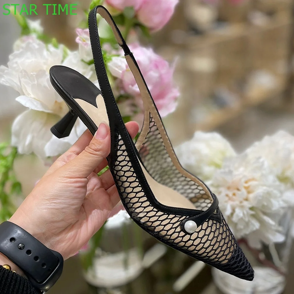 Mesh Pointed Toe Pearl Hollow Sandals 2024 Summer New Casual Back Strap Stiletto Sandals Solid Color Fashion Women High Heels